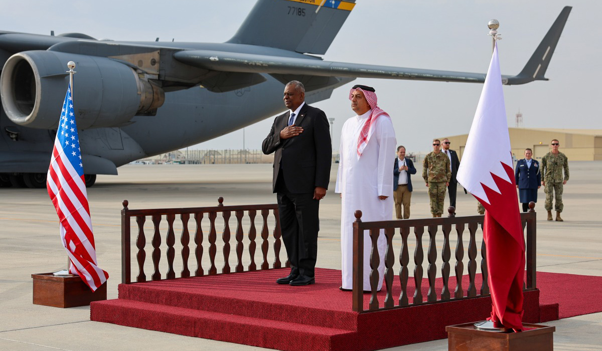 HE Dr Khalid bin Mohammed Al Attiyah with HE Lloyd Austin